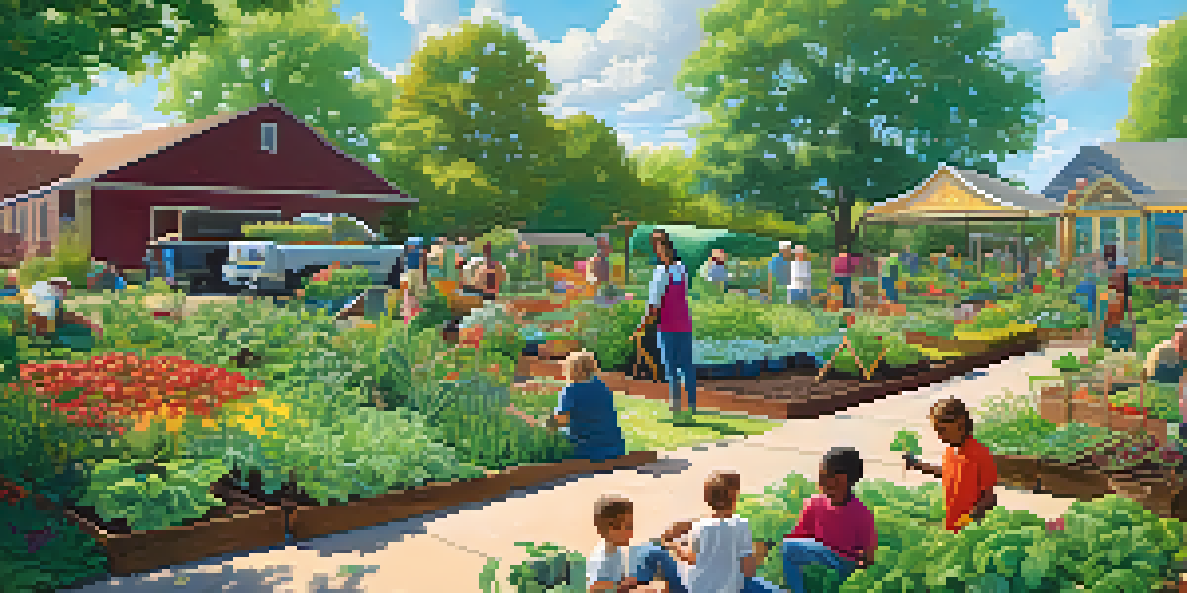 A diverse group of residents working together in a community garden, surrounded by green plants and colorful flowers under a clear blue sky.