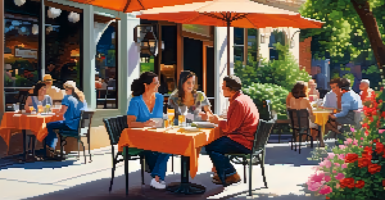 An outdoor dining scene at a restaurant in Dallas, with patrons enjoying meals on a sunlit patio surrounded by flowers.