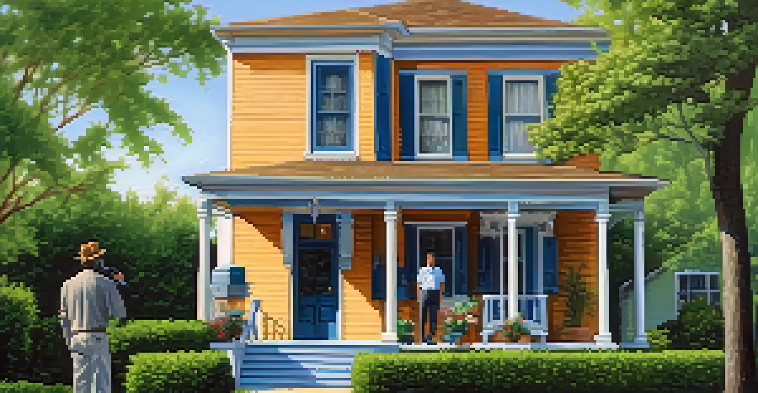 A couple discussing a historic Dallas home with a home inspector, with a 'For Sale' sign and greenery in the background.