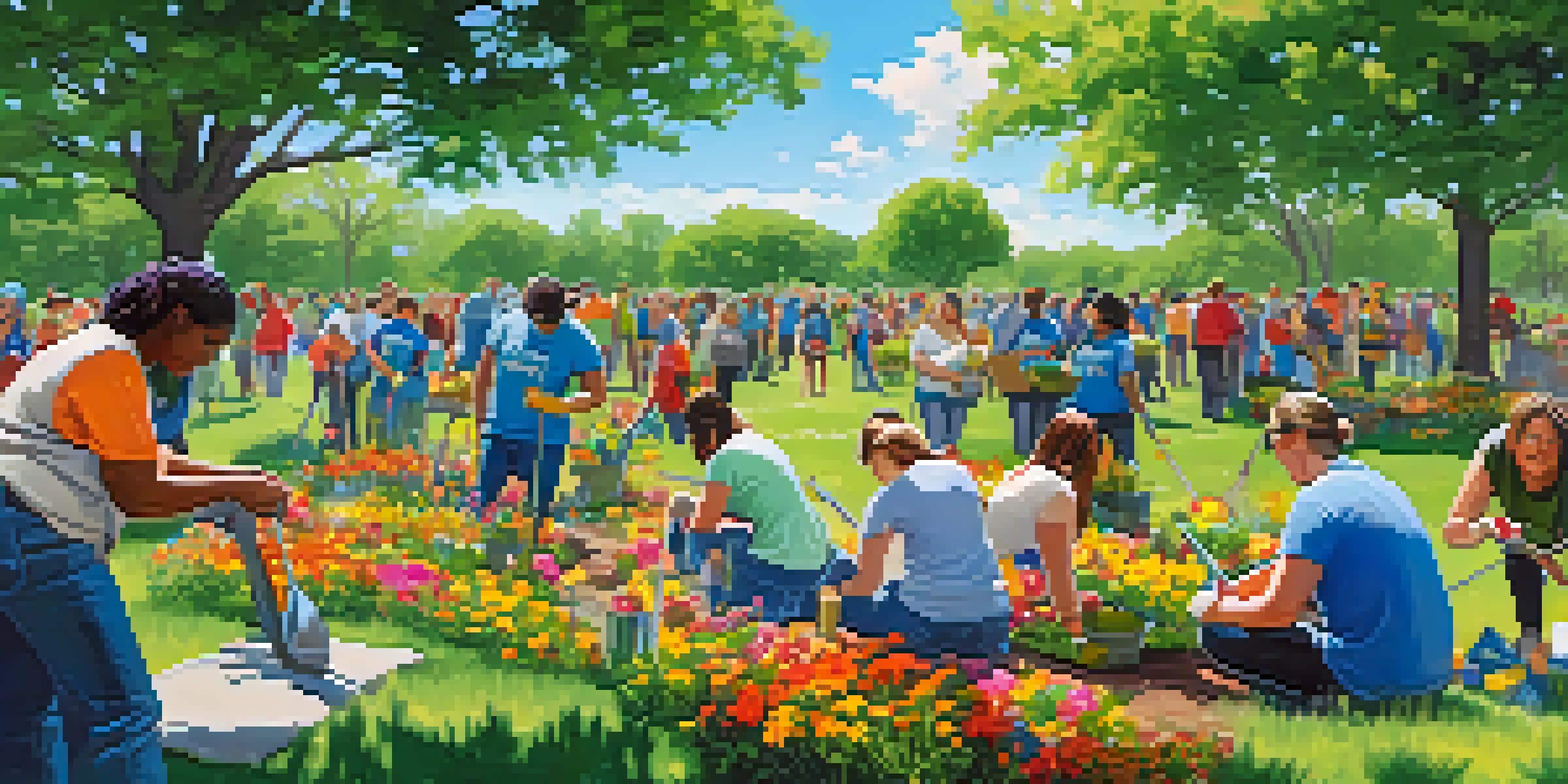 A diverse group of volunteers in a Dallas park planting flowers and cleaning up litter under a clear blue sky.