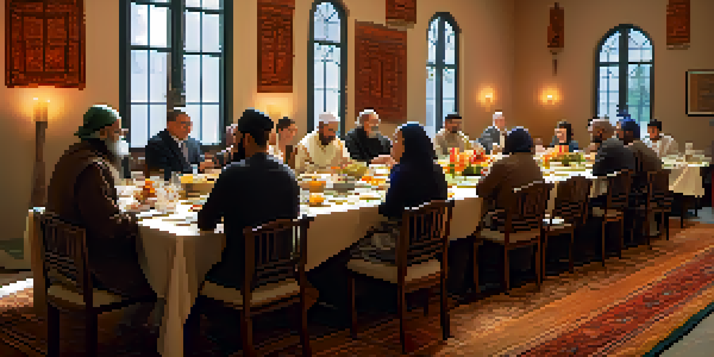 A diverse group of people from different faiths enjoying a meal together at a long table, promoting interfaith dialogue.