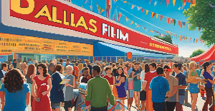 A lively gathering of people at the Dallas International Film Festival outside a cinema with colorful banners.