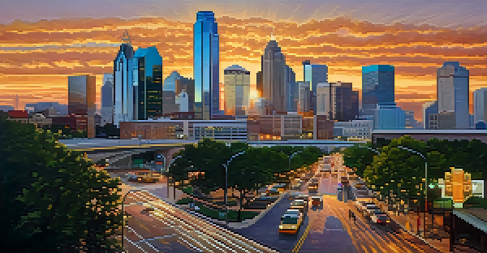 A sunset view of Dallas city skyline with modern skyscrapers and a busy street filled with people and cafes.