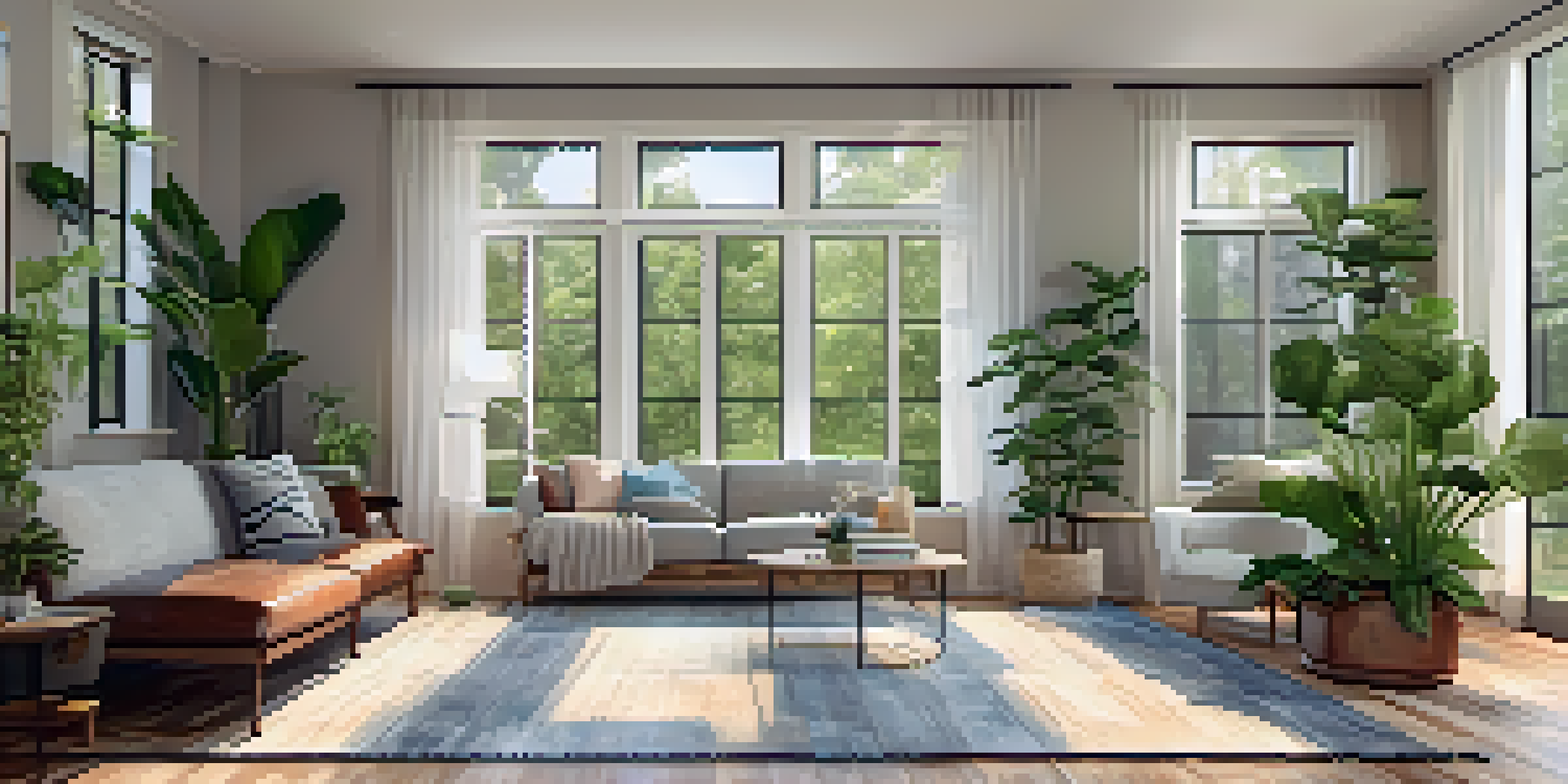 A renovated living room with reclaimed wood flooring, energy-efficient windows, and indoor plants, emphasizing eco-friendly design.