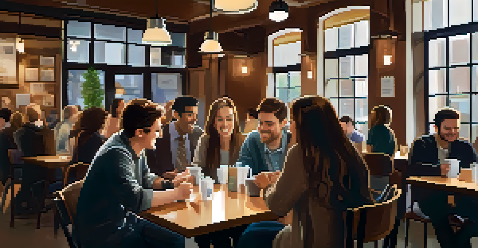 Recent graduates networking in a cozy café, exchanging ideas and business cards in a supportive environment.