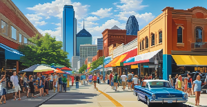 A lively street scene in Dallas with tourists enjoying the Dallas Arts District, featuring colorful murals and the city's skyline in the background.