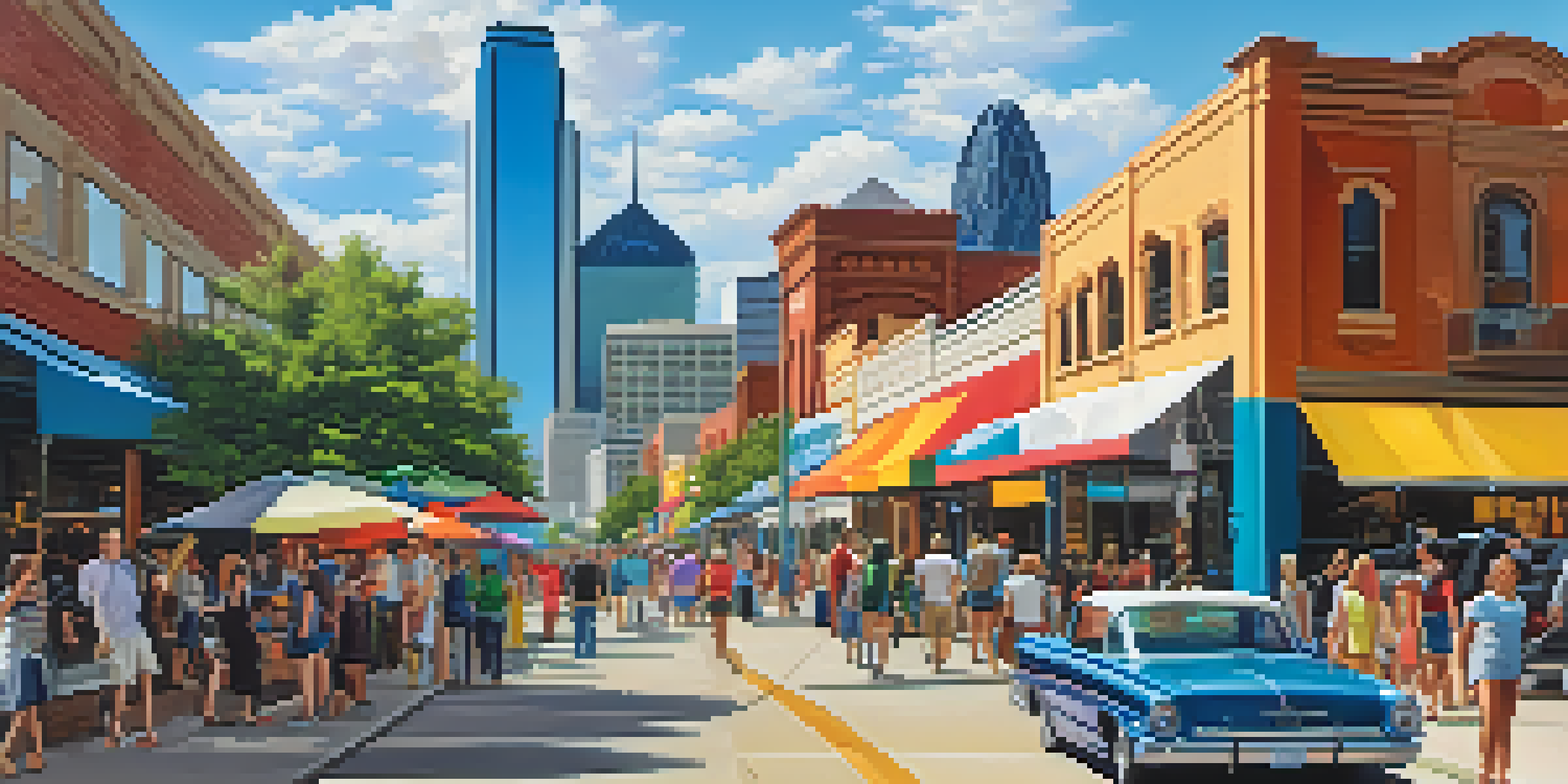 A lively street scene in Dallas with tourists enjoying the Dallas Arts District, featuring colorful murals and the city's skyline in the background.