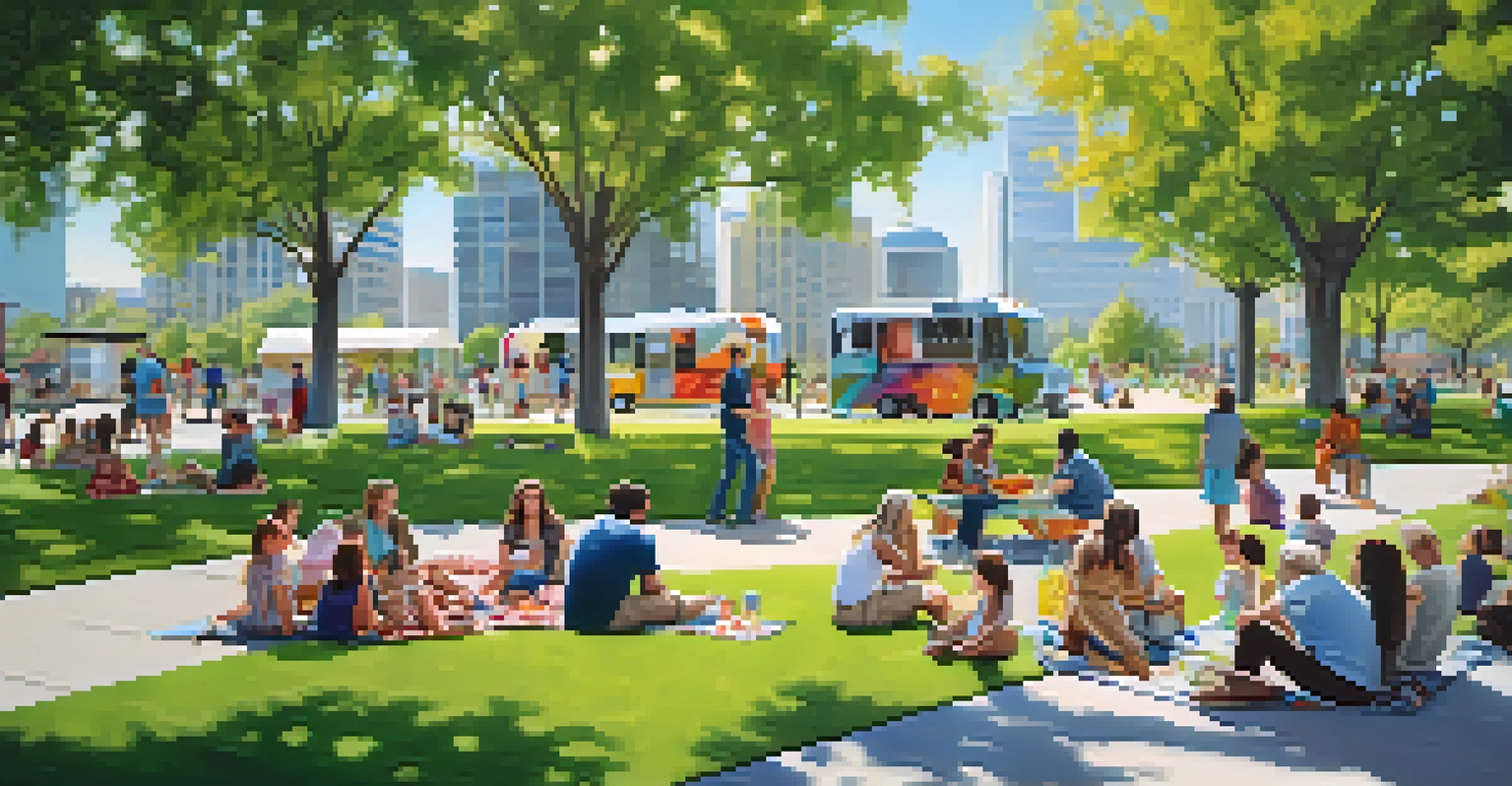 A vibrant park scene in Klyde Warren Park with families having picnics, children playing, and a food truck.