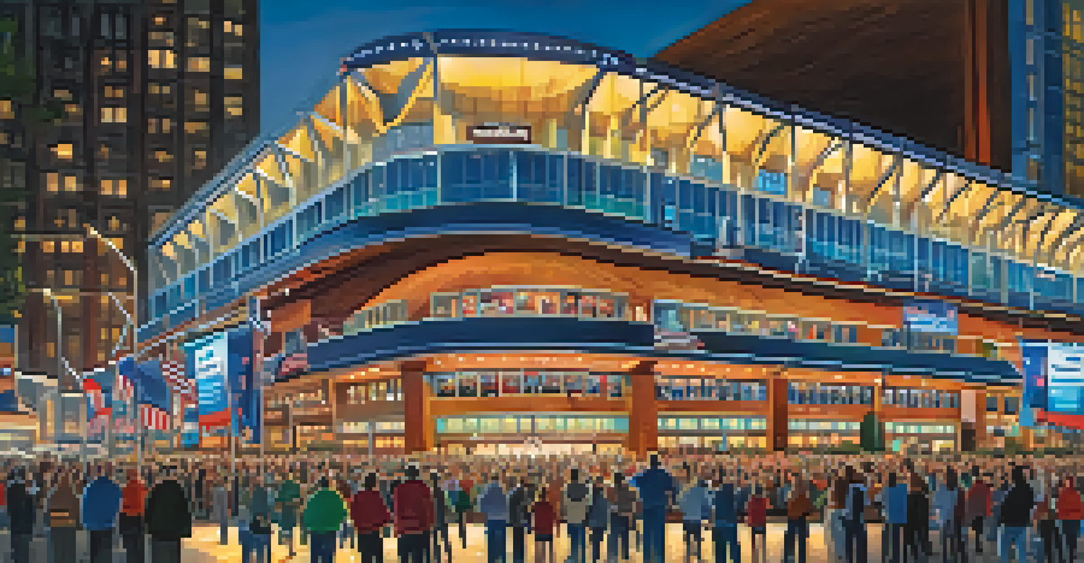 The American Airlines Center lit up at night, bustling with fans arriving for a concert, showcasing a lively and colorful atmosphere.