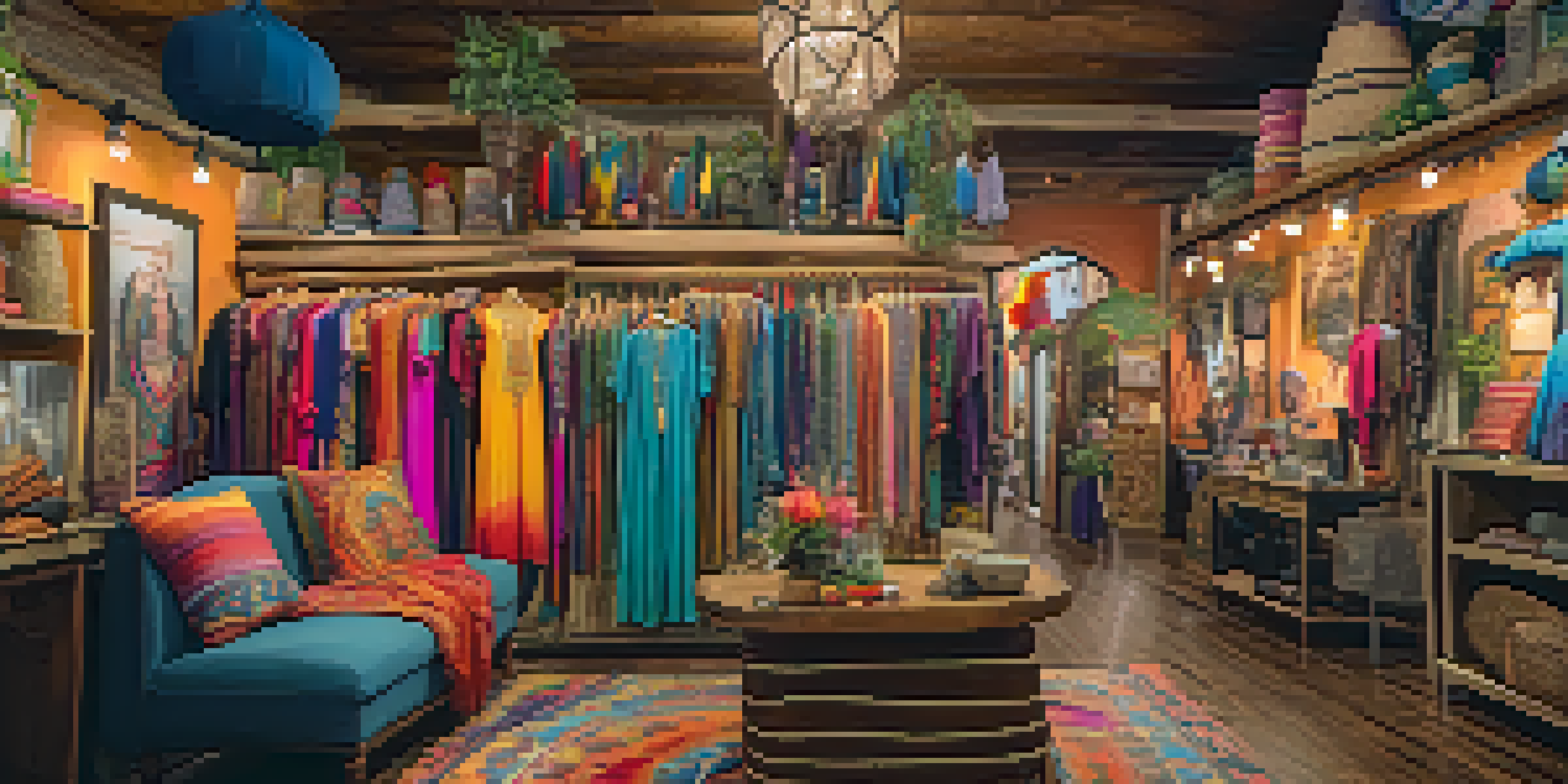 An inviting boutique interior filled with bohemian clothing and decor items, illuminated by warm lighting and featuring friendly staff.