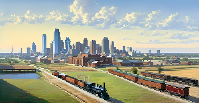 A panoramic view of early 20th century Dallas, featuring cotton fields and historic railroads, with traders and farmers interacting, set against a bright sky.