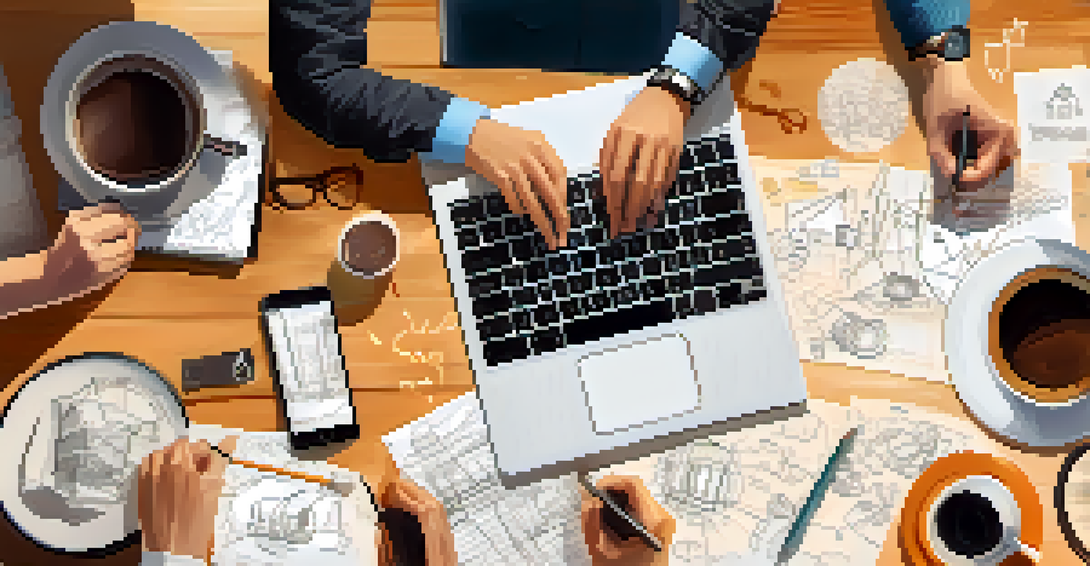 A close-up of hands collaborating on a laptop with sketches and notes on a table, conveying a sense of teamwork and creativity in a startup setting.