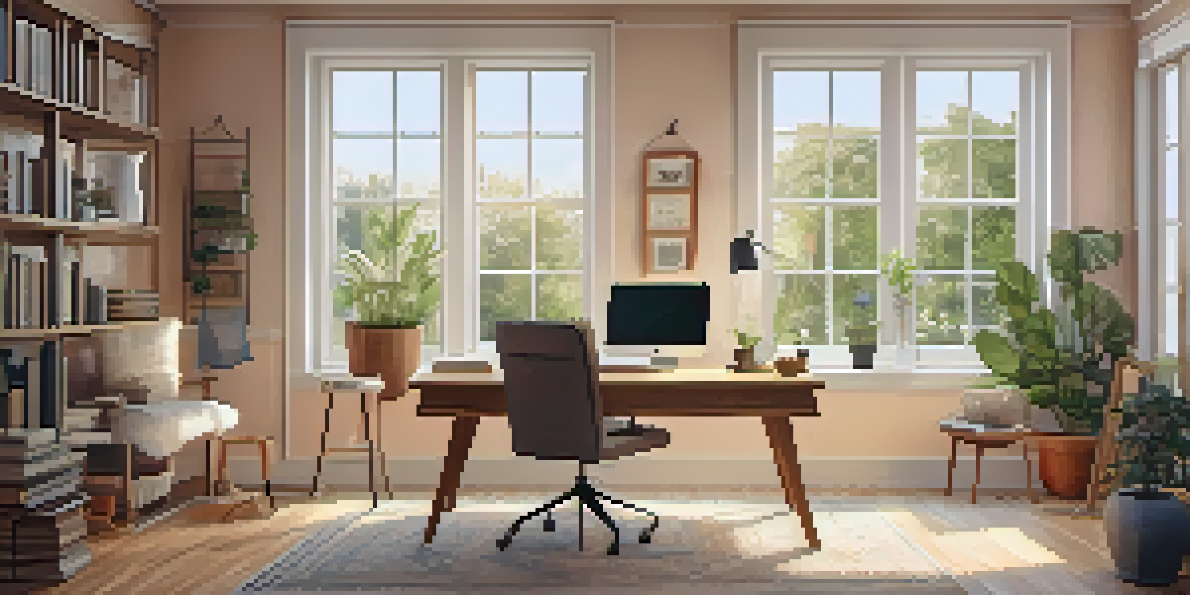 A bright and inviting home office with a wooden desk, laptop, potted plant, and bookshelf.