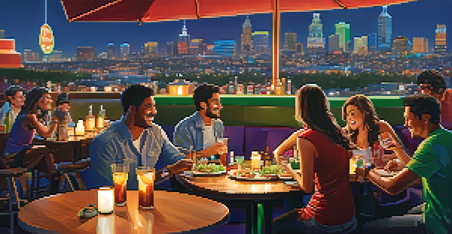 A vibrant rooftop bar scene with Tex-Mex dishes and margaritas, overlooking the city skyline.