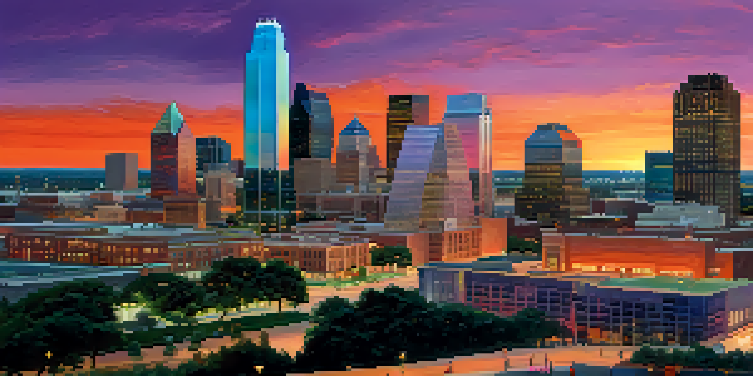 A sunset view of Dallas with skyscrapers and professionals discussing in the foreground.