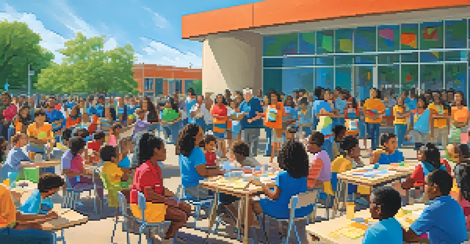 A lively outdoor workshop with parents, students, and teachers engaged in community activities under a clear blue sky.