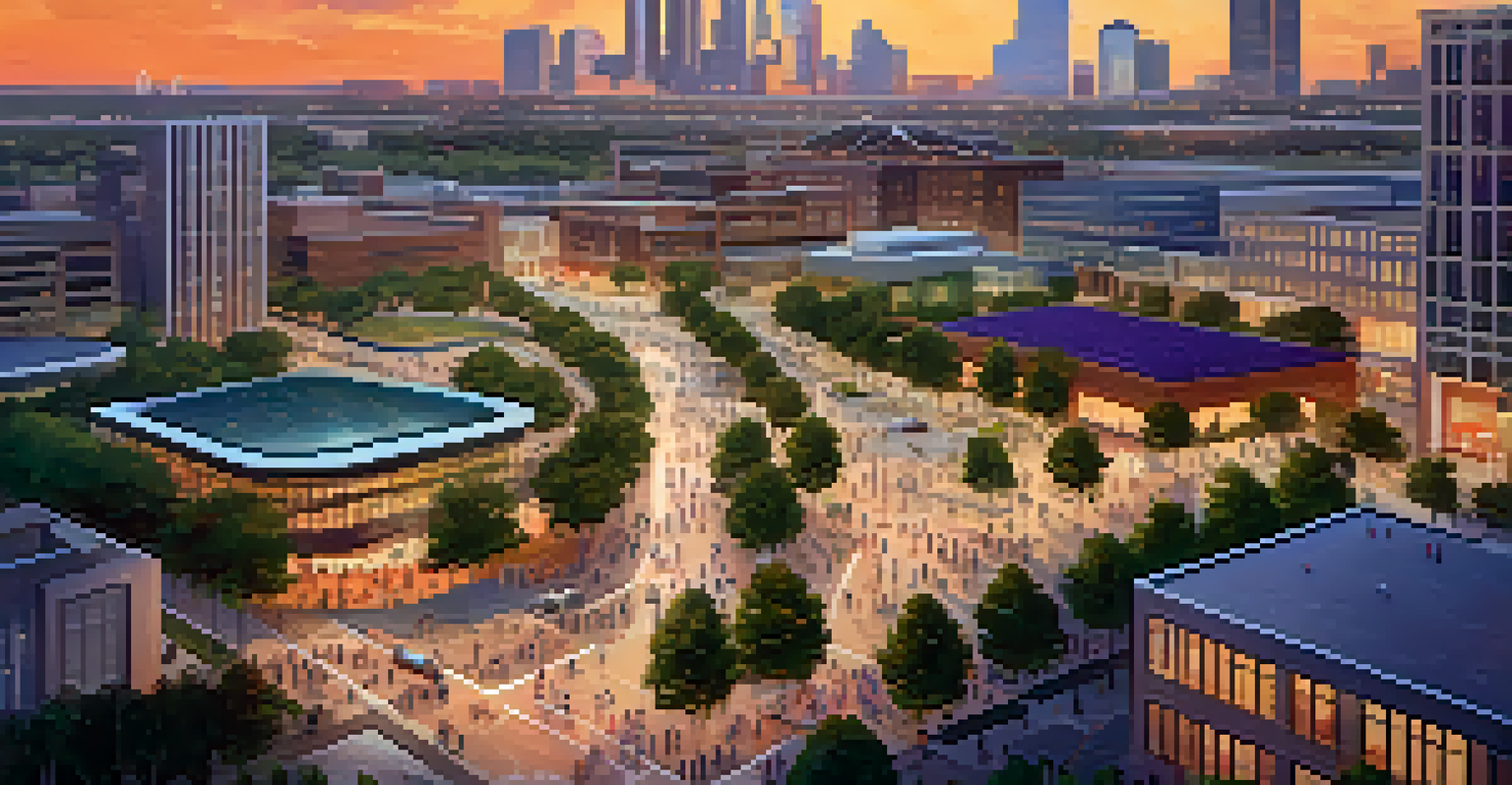 An aerial view of a busy innovation district in Dallas with interconnected streets, tech companies, and a central park.