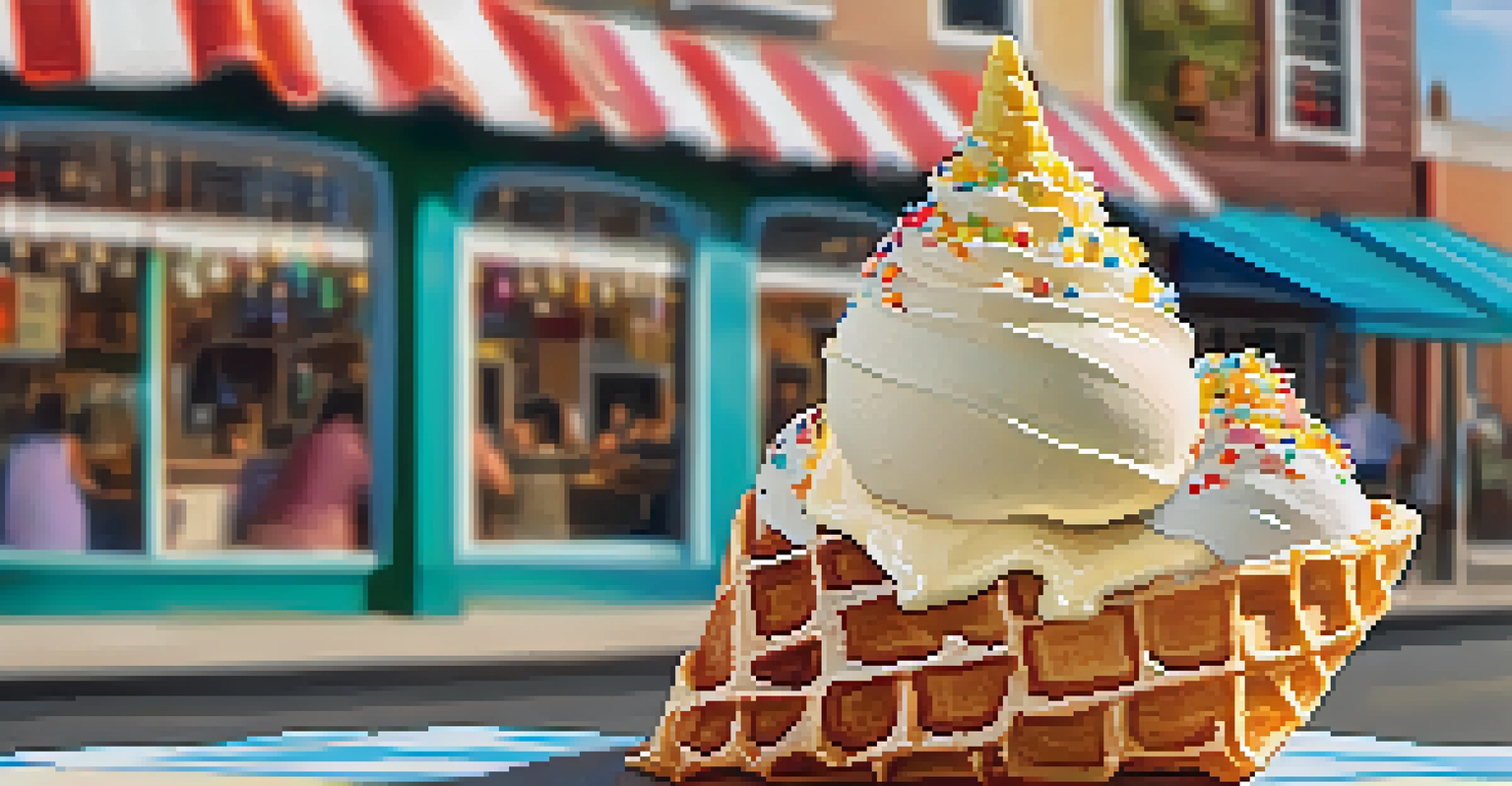 A waffle cone filled with Sweet Corn ice cream held by a person, with an ice cream shop in the background.