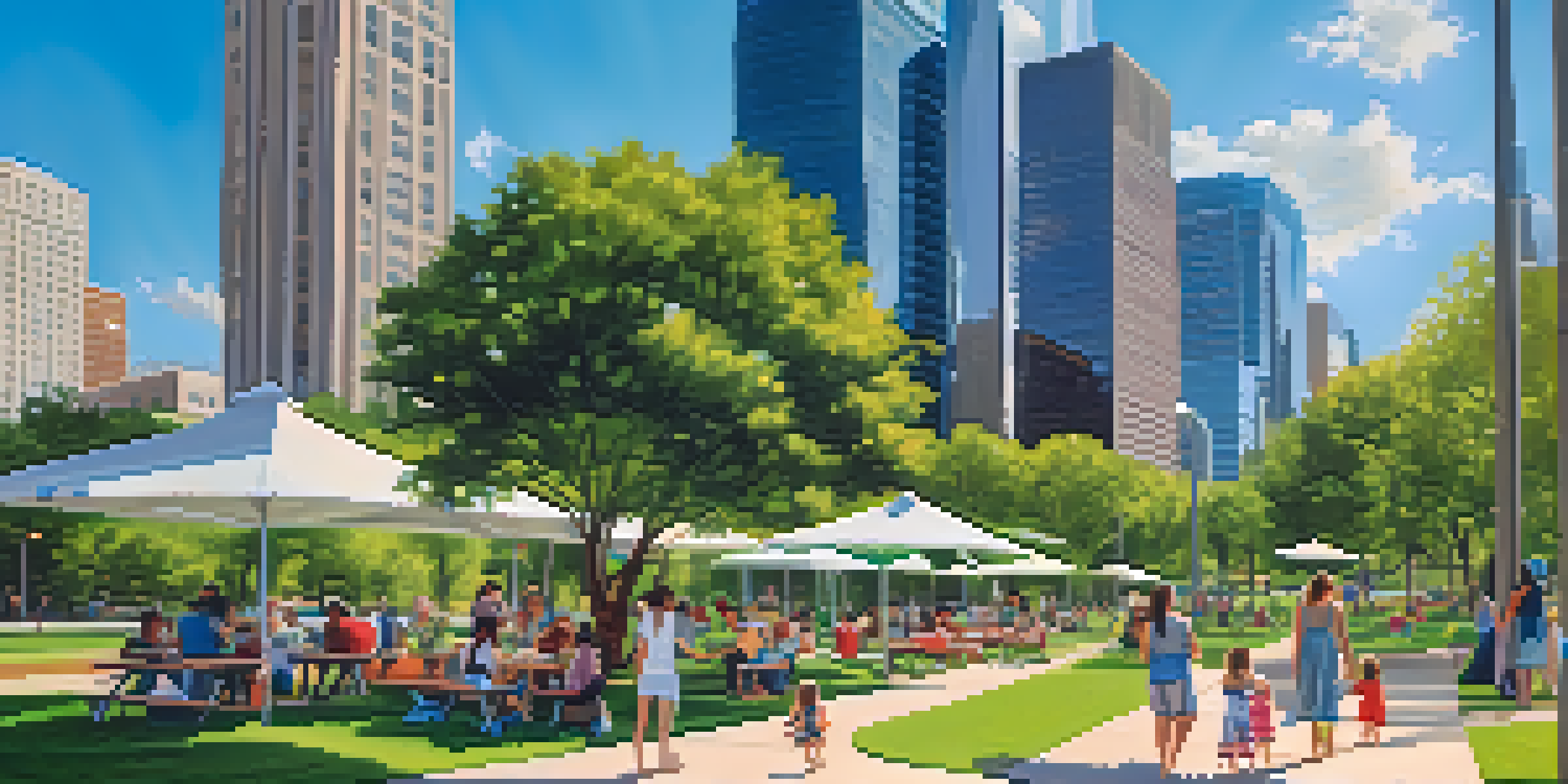A lively urban park with families, kids playing, and food trucks, surrounded by tall buildings and a clear sky.