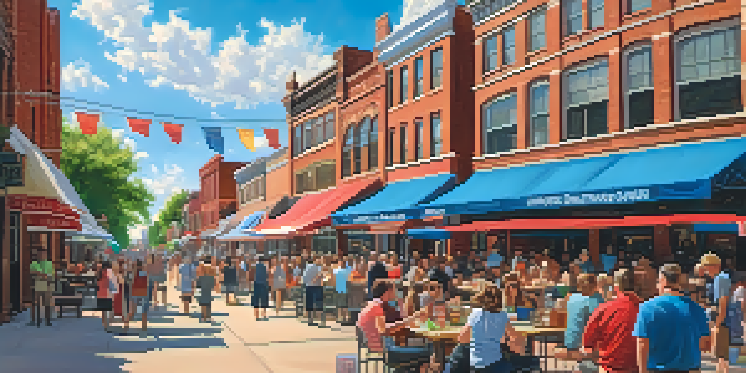 A lively street scene in the West End District with historic buildings, outdoor dining, local artists, and musicians under a blue sky.
