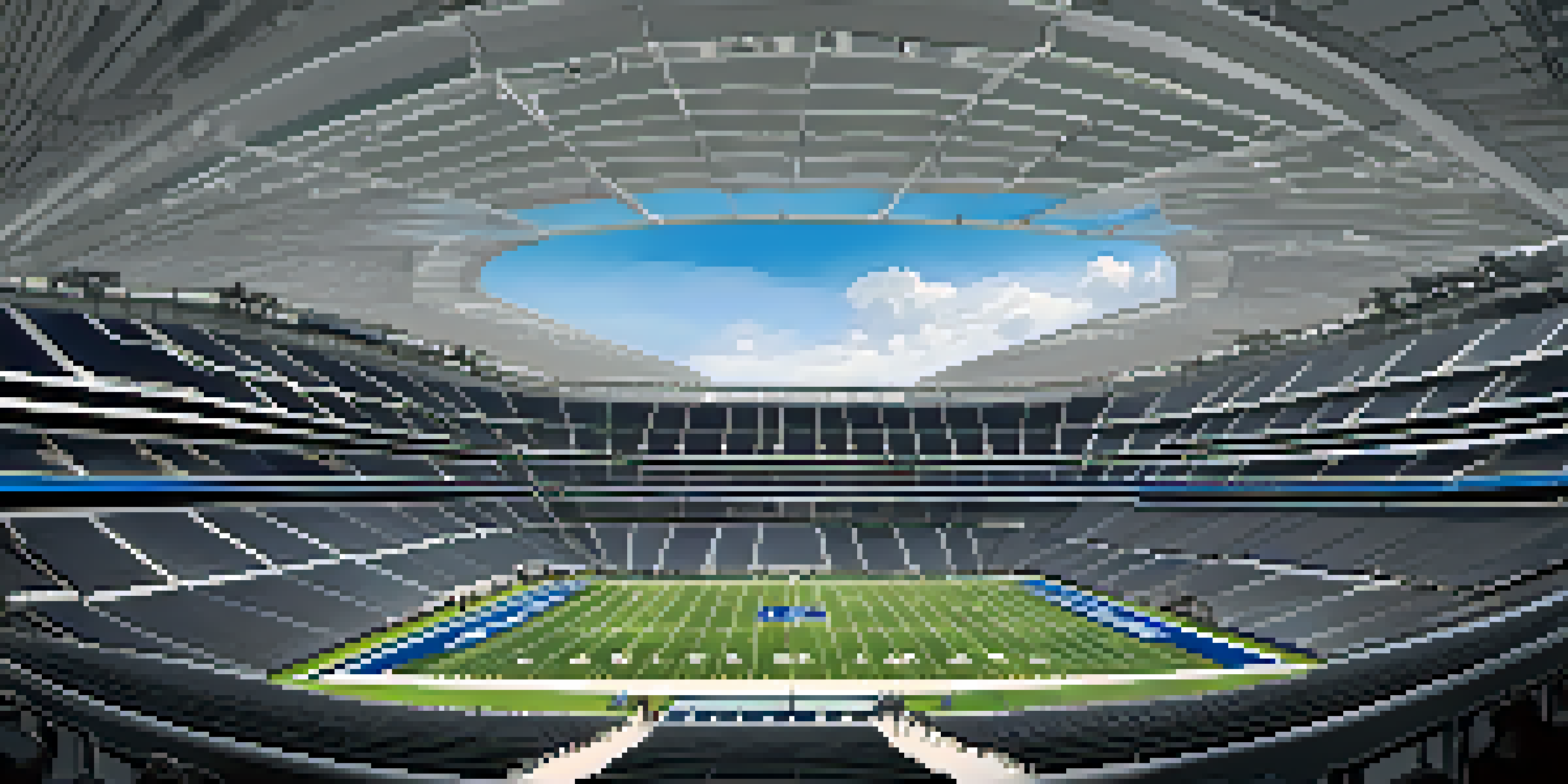A wide-angle shot of AT&T Stadium filled with cheering fans during a football game, featuring an open roof and a large video board.