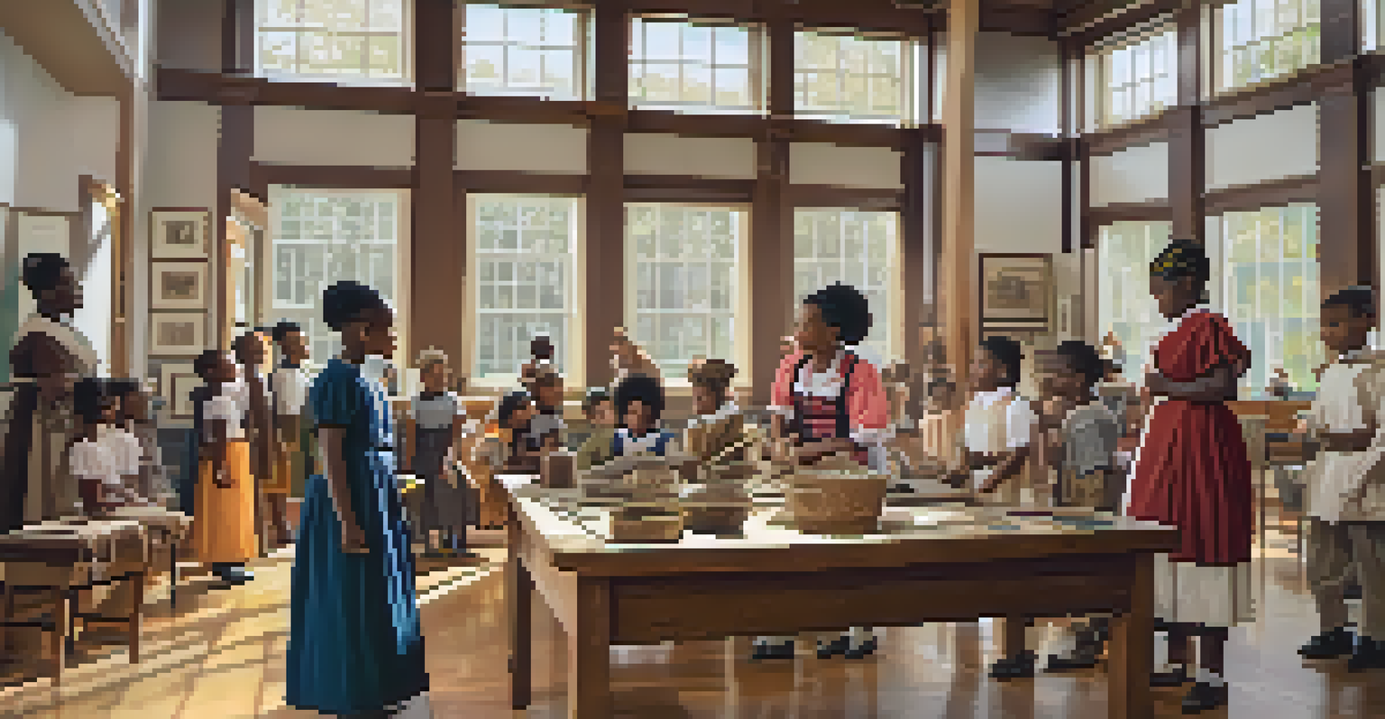 Children participating in a historical reenactment workshop inside an African American museum, with artifacts on display and a teacher guiding them in a well-lit room.