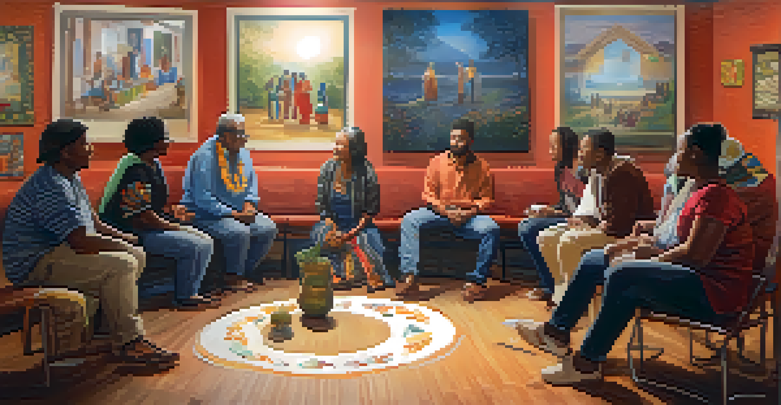 Participants in a cultural exchange workshop sitting in a circle sharing stories in a warmly lit community center decorated with cultural art.