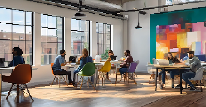 A bright coworking space in Dallas with diverse entrepreneurs collaborating and discussing ideas.