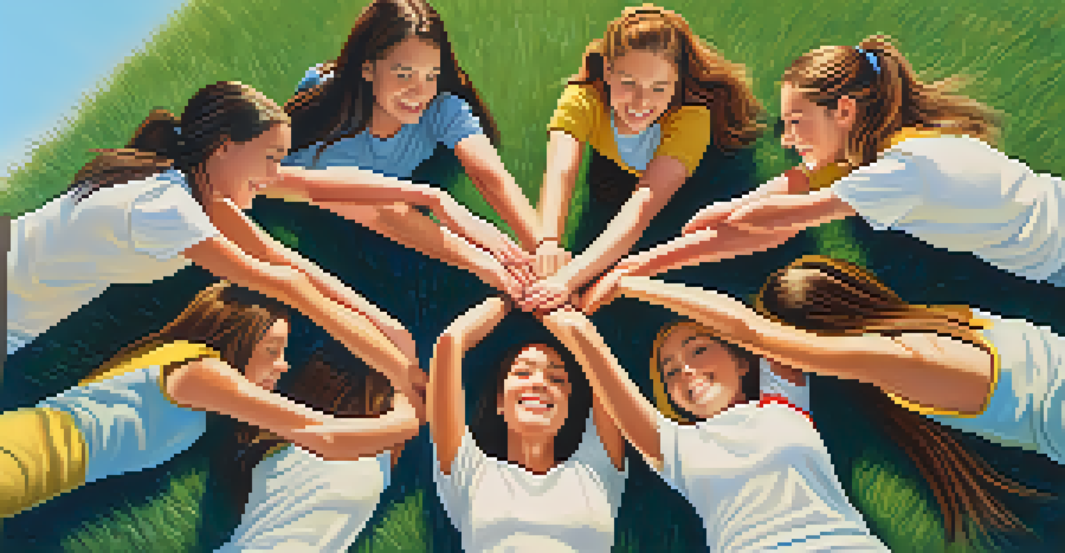 Young female students engaging in a team-building exercise outdoors, forming a human pyramid on a sunny day in a park.