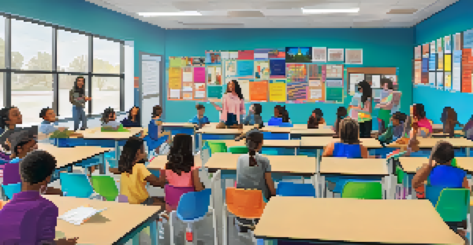 Students in a classroom actively discussing gender equality with a teacher, surrounded by colorful artwork and educational materials.