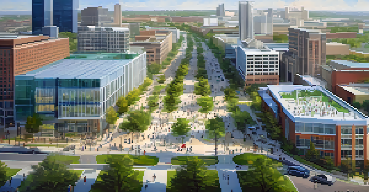Aerial view of the Dallas Innovation District, showcasing startups, research facilities, and green spaces with people engaging in outdoor activities.
