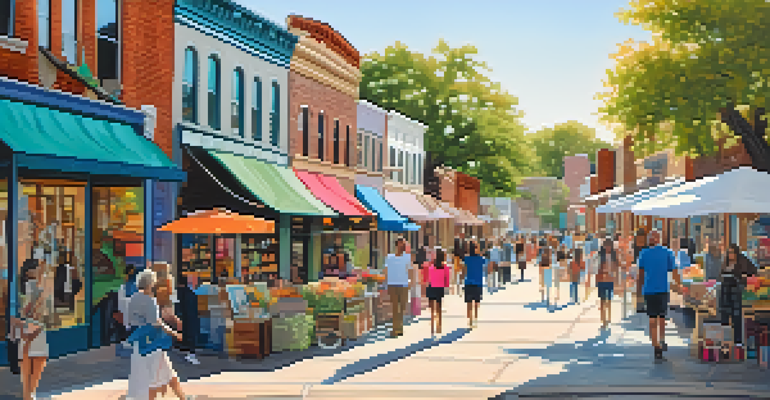 A lively street in the Bishop Arts District filled with independent boutiques and colorful murals under natural sunlight.