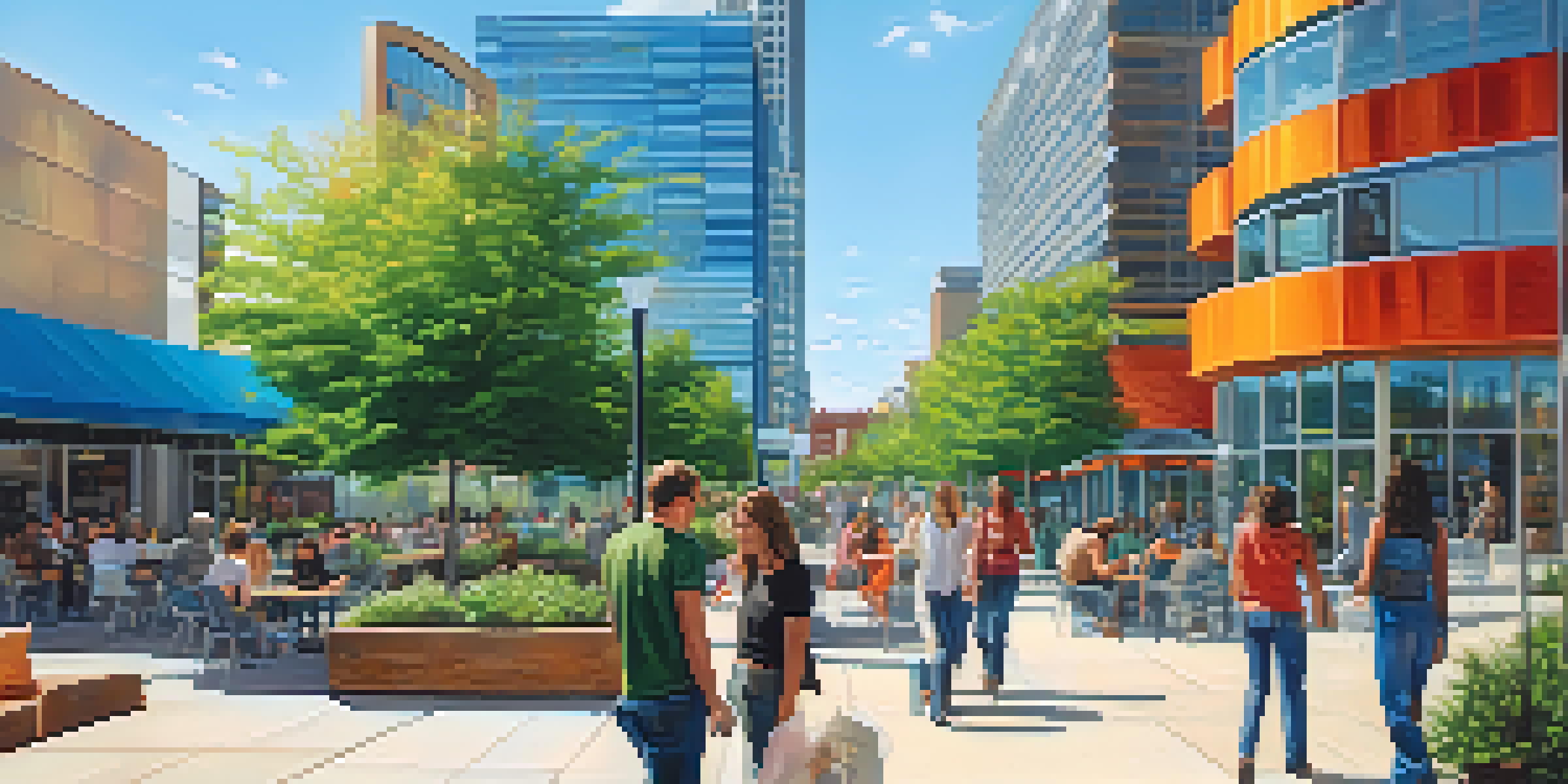 A lively urban area in Dallas with modern buildings, green spaces, and people engaging in conversation and collaboration.