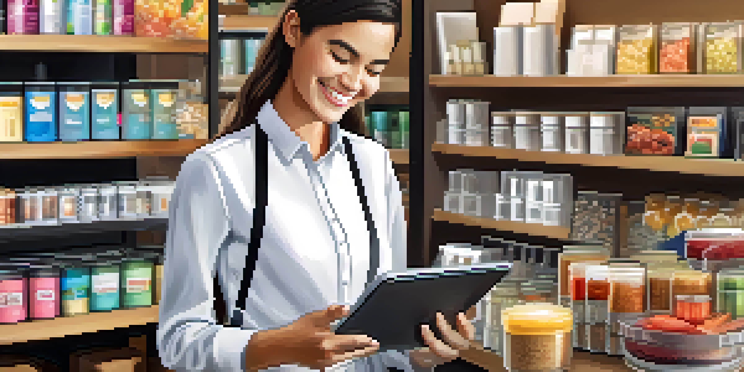A small business owner happily using a tablet in their store, surrounded by products, showcasing innovation.