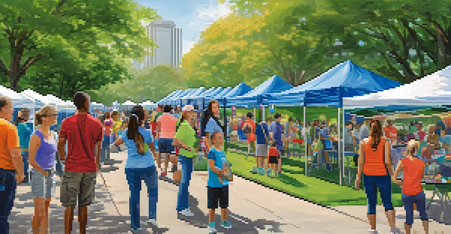 A busy health fair in a park with various booths and participants engaging in health screenings and fitness activities, surrounded by a vibrant community atmosphere.