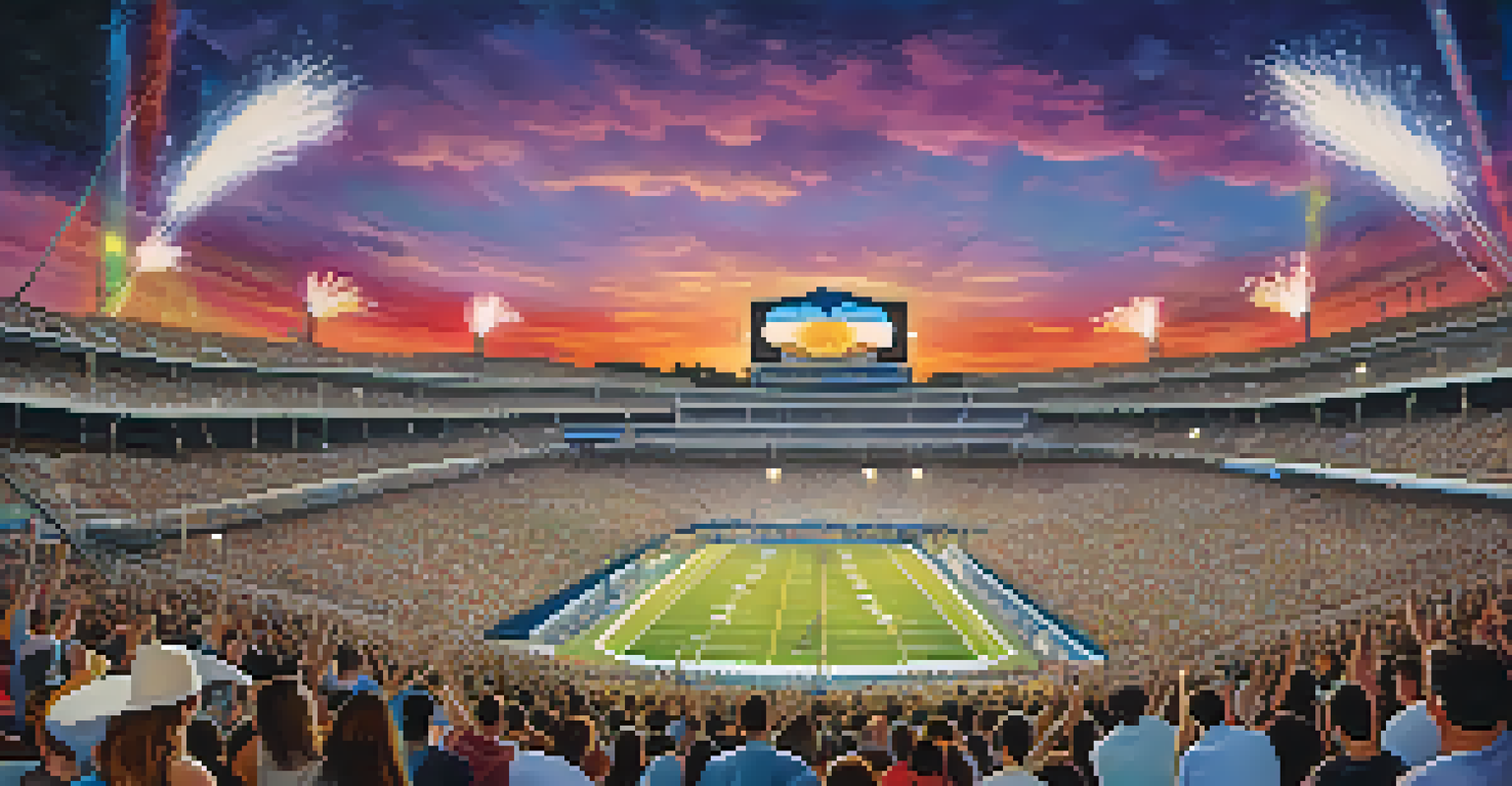 A panoramic view of the Cotton Bowl Stadium during a summer music festival, bustling with excited attendees dancing under colorful stage lights in a lively night setting.