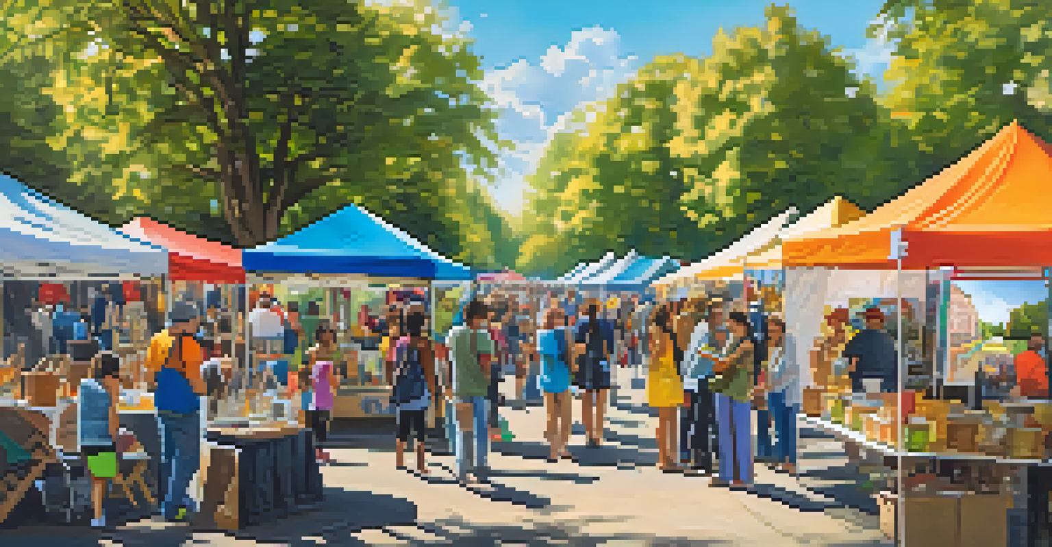 A lively community art fair in a park with diverse people engaging with artists and enjoying various artworks and activities.