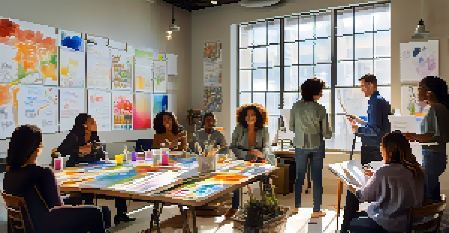 A diverse group of professionals engaged in a creative workshop, surrounded by whiteboards and inspiring artwork in a bright room.