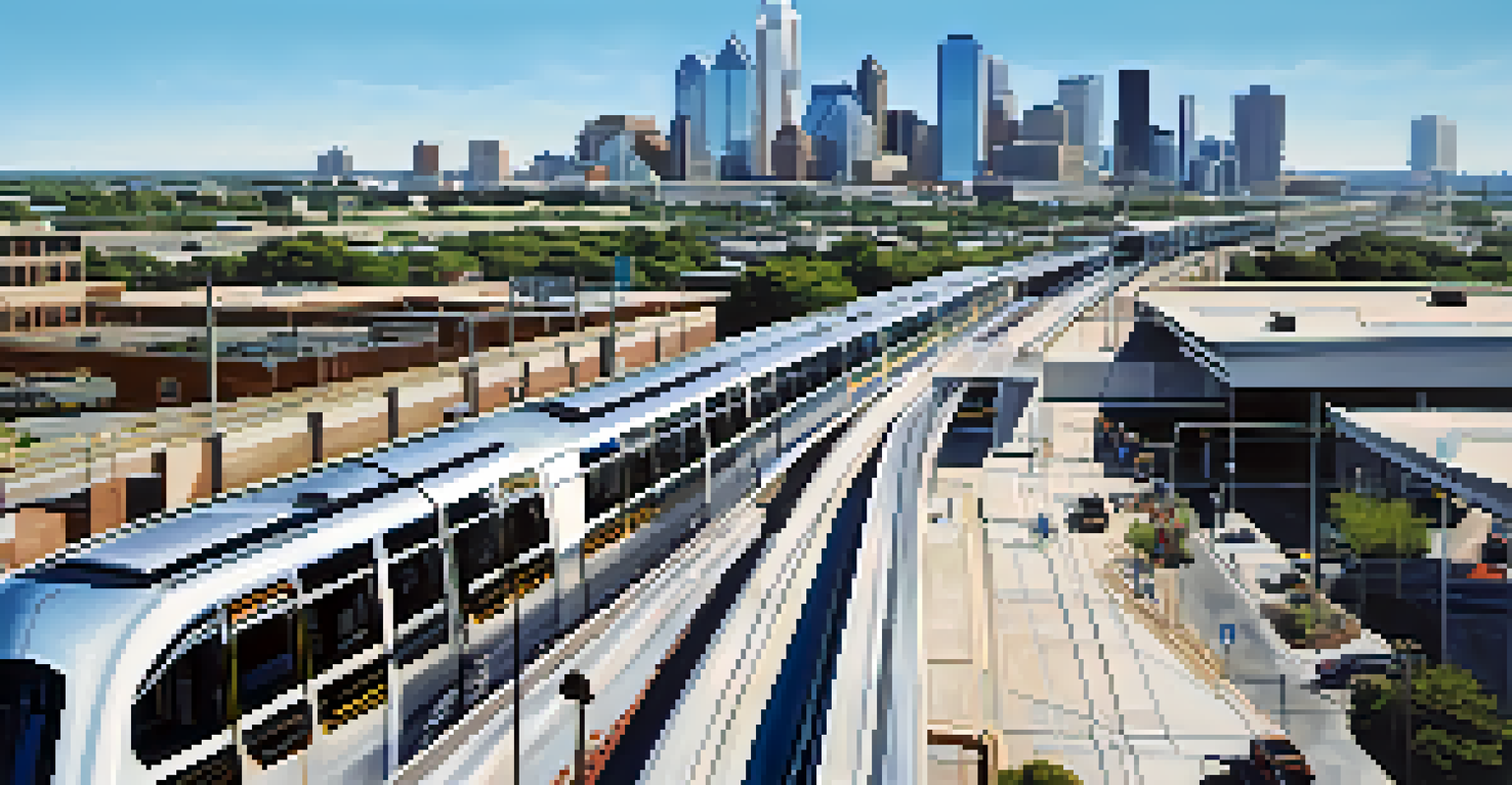 An aerial view of the DART light rail system in Dallas, with trains on elevated tracks and the city skyline in the background under a clear blue sky.