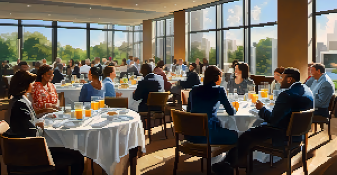A diverse group of professionals networking over breakfast in a bright, inviting setting with coffee and food on the table.