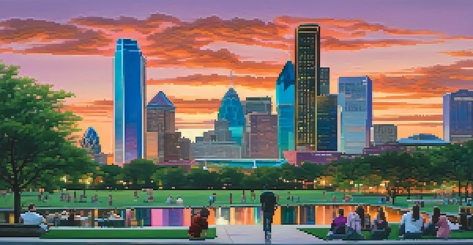 A panoramic view of the Dallas skyline at sunset with vibrant colors and a park in the foreground.