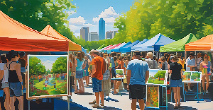 A lively outdoor art festival in Dallas with local artists displaying colorful artworks and visitors interacting, set against a backdrop of green trees and a blue sky.