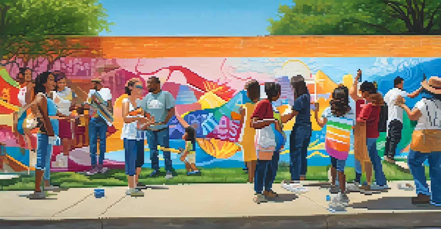 Local artists and residents collaboratively painting a colorful mural in a Dallas neighborhood.