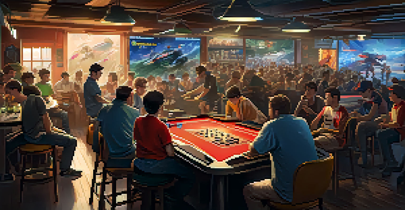 A tournament in a gaming cafe with a large screen showing a competitive match and spectators cheering.