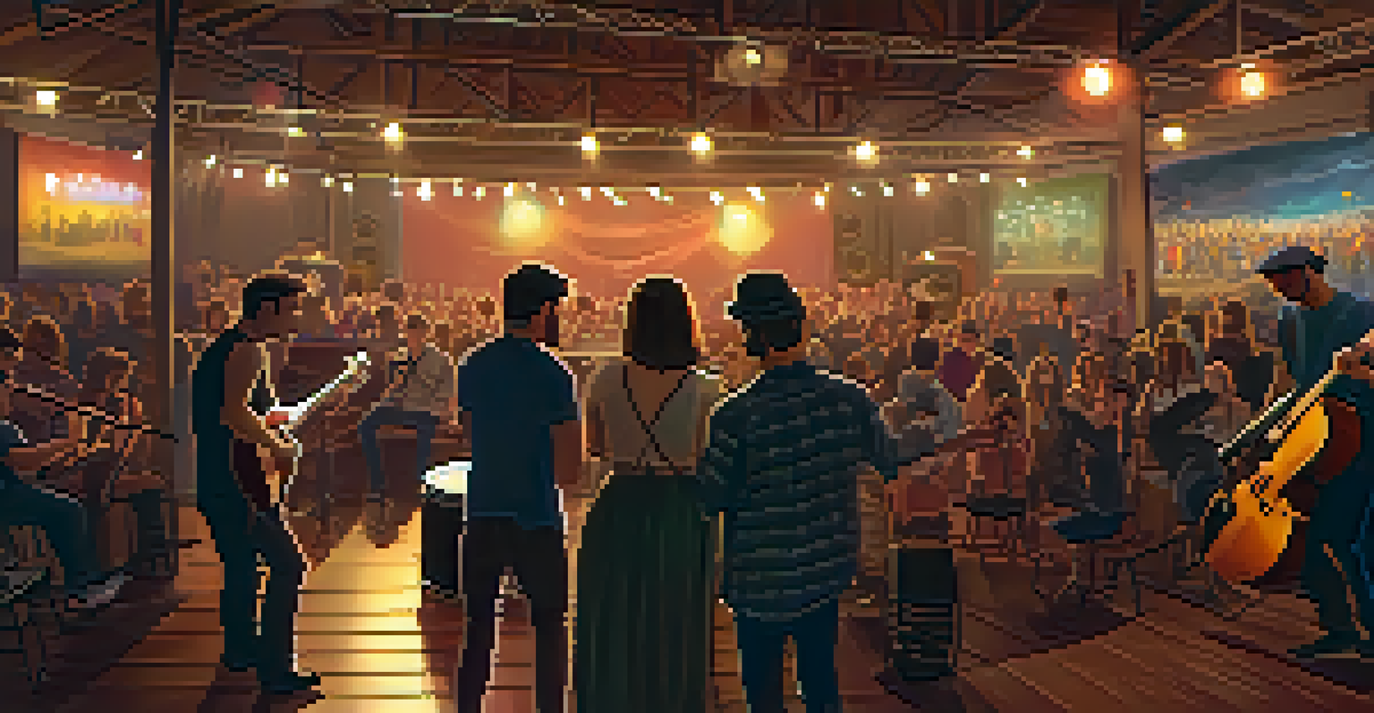 An intimate indoor music festival with a local band performing on stage and an engaged audience in warm lighting.