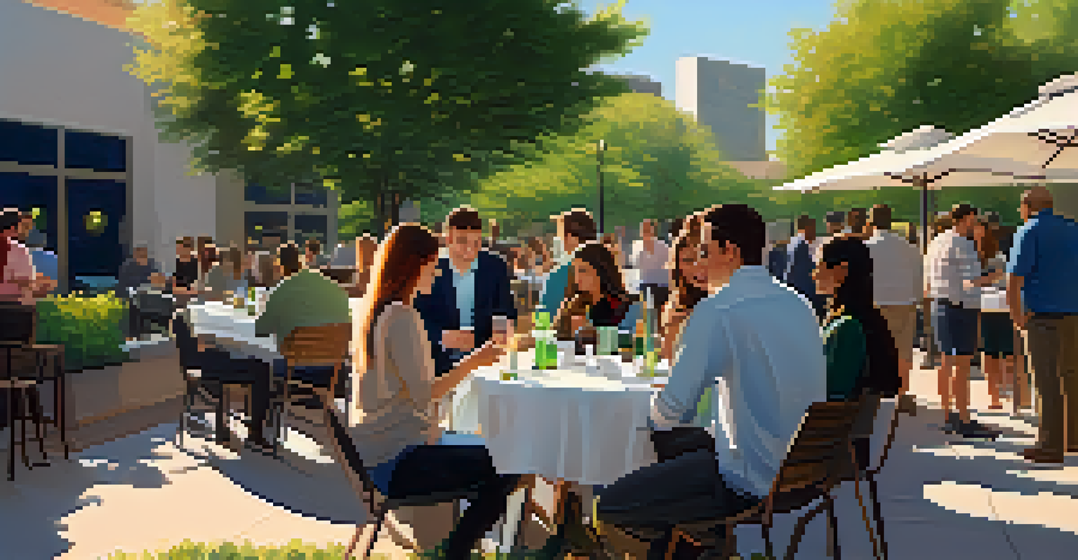 People networking outdoors at a Dallas tech meetup, exchanging business cards in a pleasant patio setting.