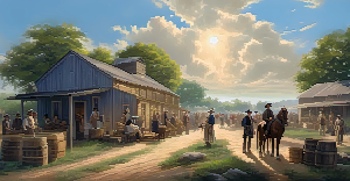 A vibrant scene of early 1830s Dallas, featuring a small settlement with diverse settlers and wooden structures under a bright blue sky.