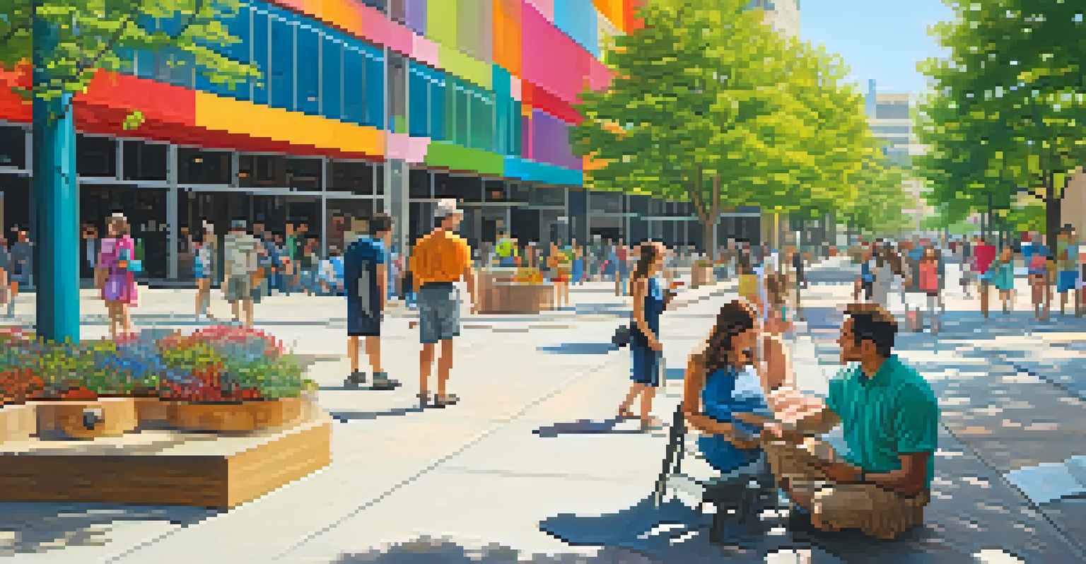 A lively street scene in the Dallas Arts District with colorful art installations and people exploring the area.