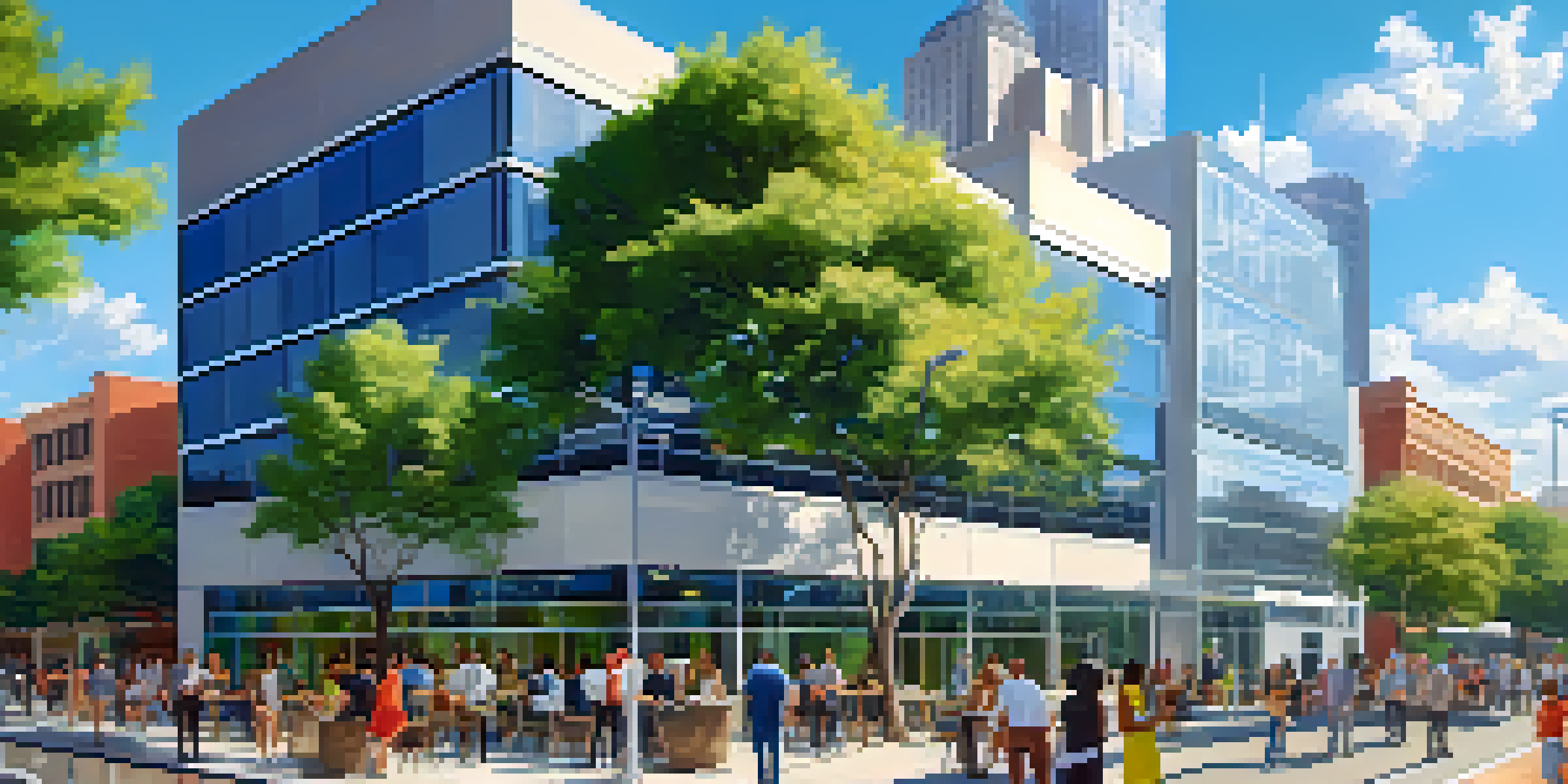 A diverse group of tech entrepreneurs collaborating outside a modern co-working space in Dallas, surrounded by sleek buildings and greenery.