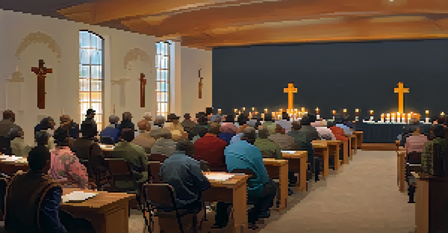 A diverse group of people participating in a religious service in a warmly lit community center, surrounded by candles and religious symbols.